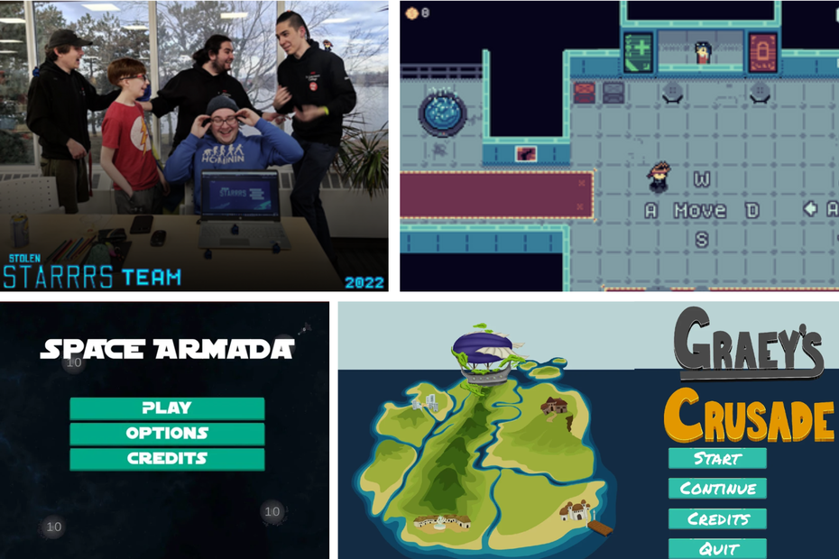 Screenshots from the games that Game Programming students developed for their capstone projects. Pictured are Stars Team, Space Armada, and Gray's Crusade.